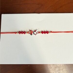 Red String Butterfly Bracelet Crystal Beads Adjustable Cord Gold Tone Accents